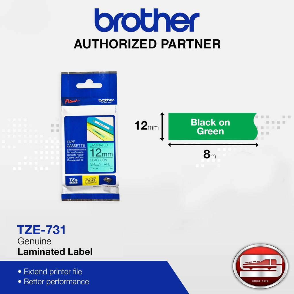 Brother TZe-731 Labelling Tape ā Black on Green, 12mm wide Standard Laminated