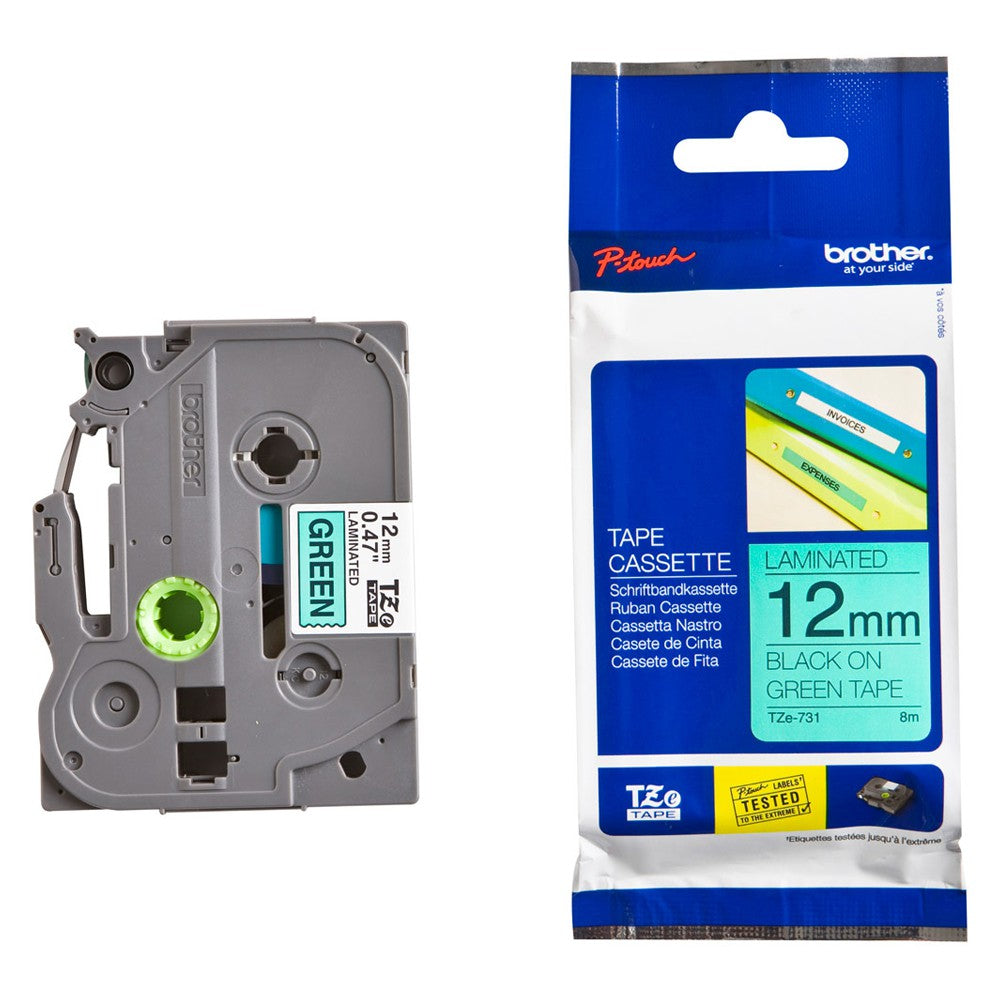 Brother TZe-731 Labelling Tape ā Black on Green, 12mm wide Standard Laminated