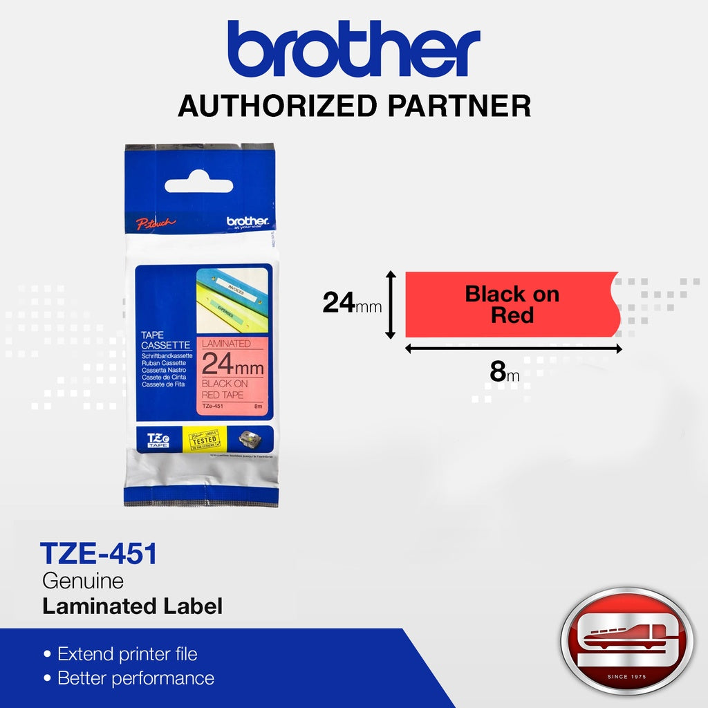 Brother TZe-451 Black on Red 24mm Labelling Tape (100% Original)