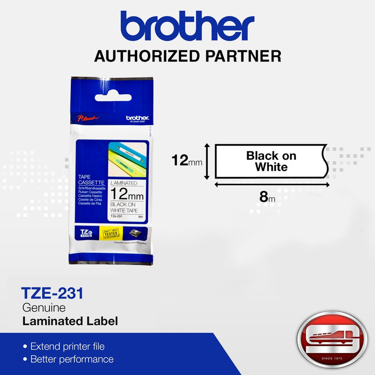 Brother TZe-231 Black on White 12mm Labelling Tape (100% Original)