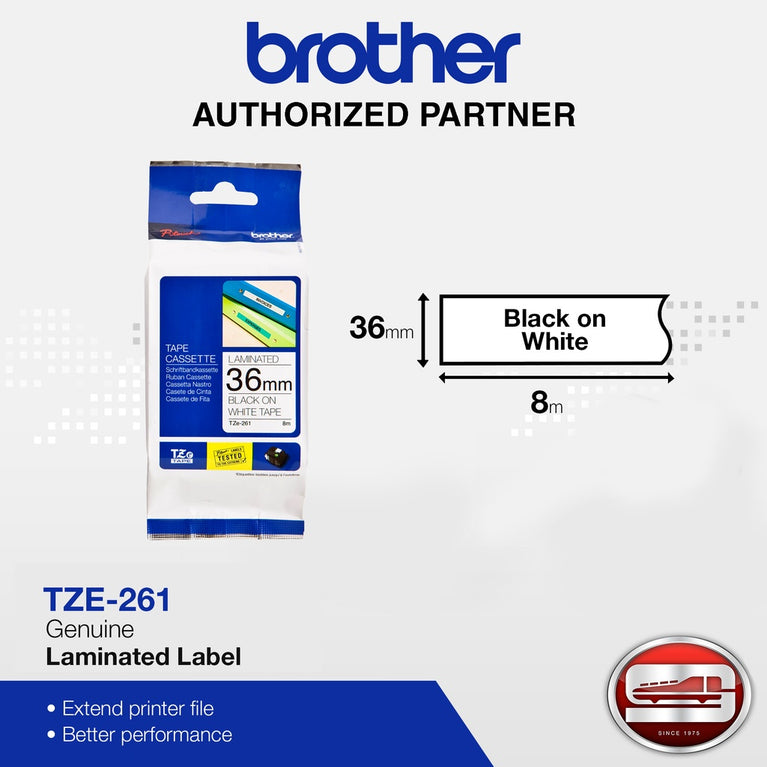 Brother TZE-261 in Black on White Tape for P-touch Printer